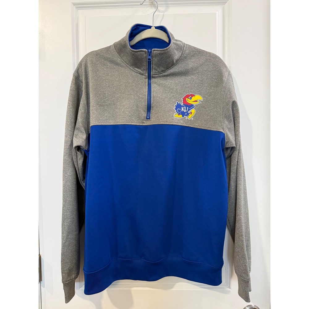 E5 Kansas Jayhawks Mens Large Quarter Zip Pullover Blue Grey NCAA Sportswear‎